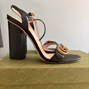 GUCCI, Lifford Calfskin GG Marmont Ankle Wrap 105mm Sandals 39 Black